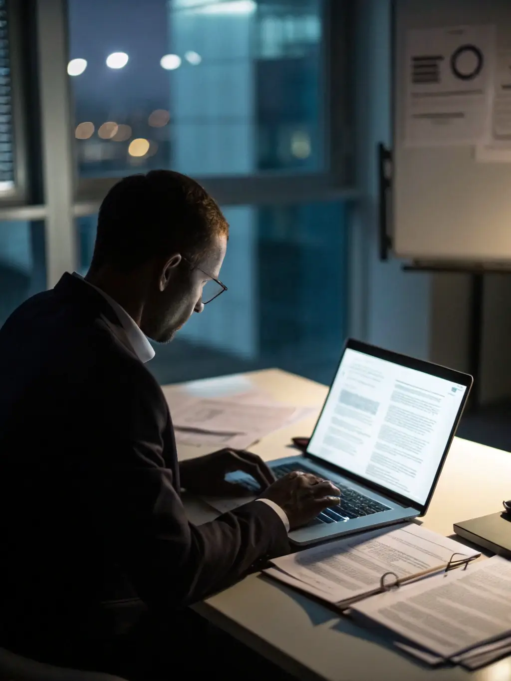 A professional photograph of a property manager conducting a thorough tenant screening process, reviewing applications and background checks in a well-lit office setting.