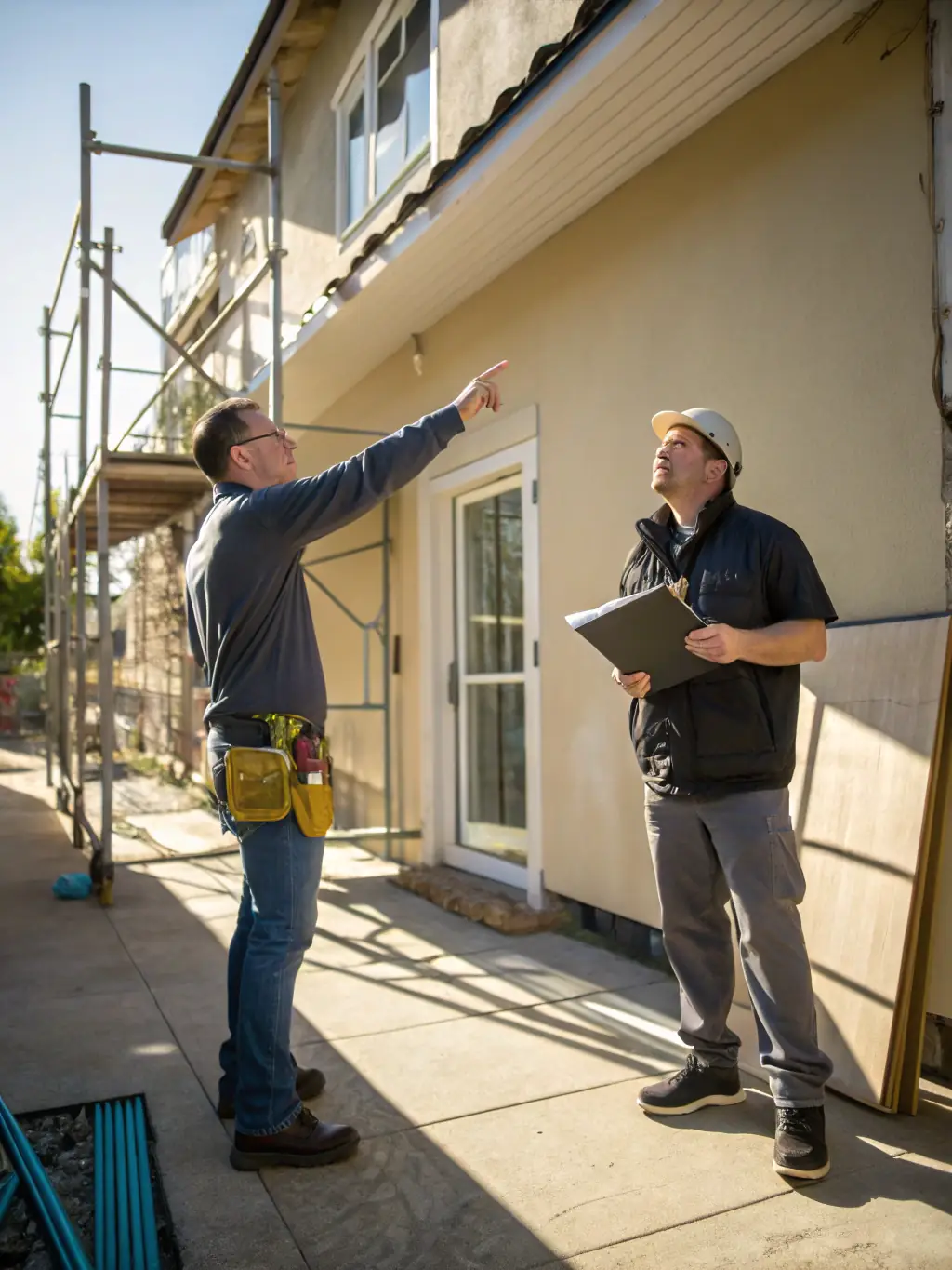 A high-quality image of a property manager coordinating maintenance repairs with a trusted contractor at a residential property.